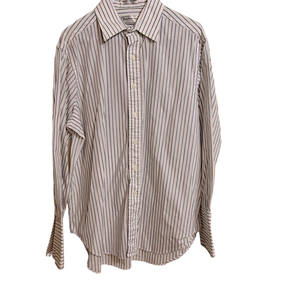 Vtg Burberry of London Dress Shirt White w/pink blue stripes 16.5/33 French Cuff